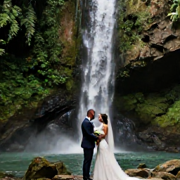 Caribbean Holidays, Jamaica March Weddings, Couple exploring Jamaica after their wedding, visiting a lush waterfall surrounded by tropical greenery