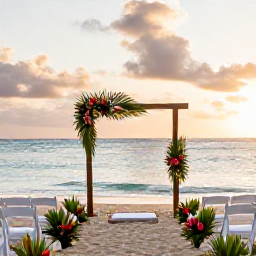 Caribbean Holidays, Jamaica March Weddings, Elegant beachfront wedding ceremony in Jamaica at sunset, decorated with simple tropical flowers and white chairs