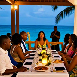 Caribbean Holidays, Jamaica March Weddings, Happy wedding guests enjoying a Jamaican reception beside the sea with tropical dishes, music and lanterns