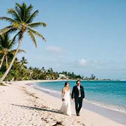 Caribbean Holidays, Jamaica March Weddings, Newly married couple walking along a sunny Jamaican beach with turquoise water, soft white sand and palm trees