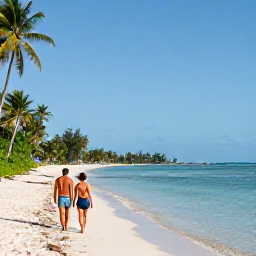 Caribbean Holidays, Jamaica May Holidays, Couple walking along Seven Mile Beach in Negril, Jamaica, with calm blue water and palm trees