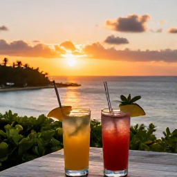 Caribbean Holidays, Jamaica May Holidays, Romantic Jamaican sunset over the sea viewed from an adults-only resort terrace, with two drinks in the foreground