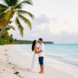 Caribbean Holidays, Jamaica May Weddings, A happy wedding couple standing on a quiet Jamaican beach in May, with turquoise sea, soft sunshine and palm trees