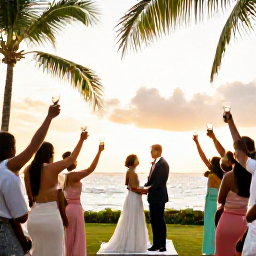 Caribbean Holidays, Jamaica May Weddings, Bride and groom enjoying a sunset wedding celebration in Negril, Jamaica, with warm evening light, palms and guests raising glasses