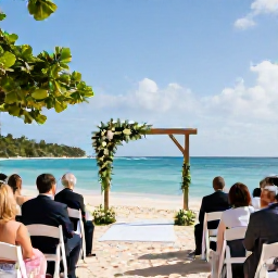 Caribbean Holidays, Jamaica May Weddings, Jamaican destination wedding ceremony beneath a simple floral arch on a sandy beach, with guests, blue water and tropical greenery