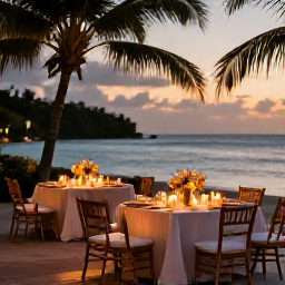 Caribbean Holidays, Jamaica May Weddings, Romantic Jamaican wedding reception beside the sea at dusk, with simple table decorations, candles and palm trees