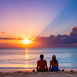 Caribbean Holidays, Jamaica Multi-Country, A couple relaxing on a Jamaican beach at sunset with colourful Caribbean light and calm sea