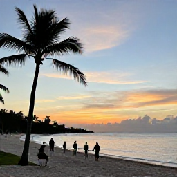 Caribbean Holidays, Jamaica Multi-Country, A June sunset over a Jamaican beach with calm sea, palm trees and guests enjoying an evening stroll