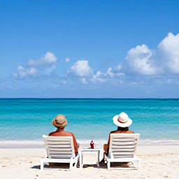 Caribbean Holidays, Jamaica Multi-Country Holiday, A couple enjoying a peaceful Caribbean beach in May, with sun loungers, clear water and light tropical cloud