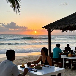 Caribbean Holidays, Jamaica Multi-Country Holiday, Travellers relaxing at a Jamaican beachfront restaurant at sunset, with local dishes, gentle waves and warm evening light