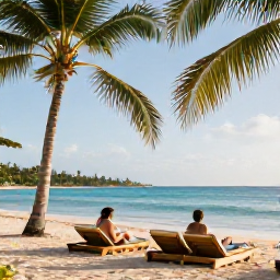 Caribbean Holidays, Jamaica Multi-Country Holidays, A bright April morning on a Jamaican beach with turquoise sea, palm trees and relaxed travellers enjoying the warm Caribbean sunshine
