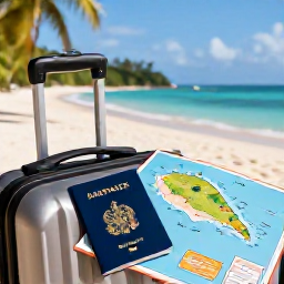 Caribbean Holidays, Jamaica Multi-Country Holidays, A stylish Caribbean travel scene showing a suitcase, passport and island map beside a sunny Jamaican beach resort