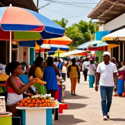 Caribbean Holidays, Jamaica Multi-Country Holidays, Colourful Jamaican market street with local food, music and friendly visitors exploring in warm March sunshine