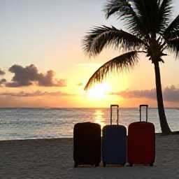 Caribbean Holidays, Jamaica Multi-Country Holidays, Sunset over a Caribbean beach with luggage ready for an onward journey, warm light and palm silhouettes