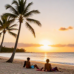 Caribbean Holidays, Jamaica Multi-Country, Travellers relaxing on a Caribbean beach at sunset with palm trees, warm light and calm sea