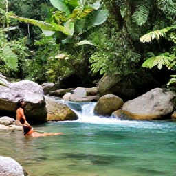 Caribbean Holidays, Jamaica Nature Holidays, Clear turquoise river flowing over smooth rocks in a Jamaican rainforest, with swimmers relaxing beside the water