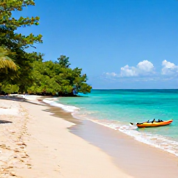 Caribbean Holidays, Jamaica Nature Holidays, Jamaican coastline in March with turquoise sea, a quiet sandy beach, mangroves and a small kayak near shore