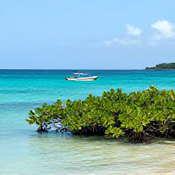 Caribbean Holidays, Jamaica Nature Holidays, Jamaican coastline with turquoise sea, mangrove plants, tropical birds and a small boat in calm water during July
