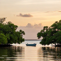Caribbean Holidays, Jamaica Nature Holidays, Jamaican wetlands with mangrove trees, calm water and a small boat watching birds at sunset