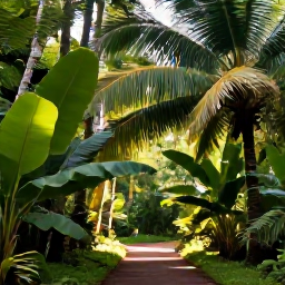 Caribbean Holidays, Jamaica Nature Holidays, Lush Jamaican rainforest in July with tall palms, broad green leaves and soft tropical sunlight near a forest trail
