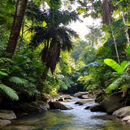 Caribbean Holidays, Jamaica Nature Holidays, Lush Jamaican rainforest in March with tropical foliage, a clear stream and soft morning sunlight