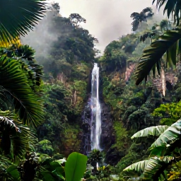 Caribbean Holidays, Jamaica Nature Holidays, Lush Jamaican rainforest in November, with tropical foliage, misty mountains and a narrow waterfall viewed in soft morning light