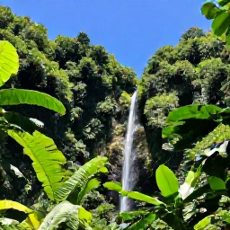 Caribbean Holidays, Jamaica Nature Holidays, Lush Jamaican rainforest with towering mountains, tropical plants and a narrow waterfall beneath a clear blue sky