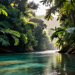 Caribbean Holidays, Jamaica Nature Holidays, Lush Jamaican rainforest with tropical foliage, a clear river and soft morning sunlight