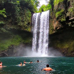 Caribbean Holidays, Jamaica Nature Holidays, Misty Jamaican waterfall surrounded by tropical forest, with visitors swimming in a clear natural pool