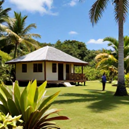 Caribbean Holidays, Jamaica Nature Holidays, Relaxed eco-friendly Jamaican holiday scene with a small guesthouse, tropical garden and traveller enjoying the landscape