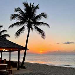 Caribbean Holidays, Jamaica Nature Holidays, Relaxed Jamaican coastline at sunset with palm trees, calm sea and a small outdoor dining area