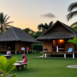 Caribbean Holidays, Jamaica Nature Holidays, Relaxed Jamaican eco-lodge garden at sunset, with wooden cottages, tropical plants and guests enjoying a quiet outdoor evening