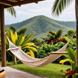 Caribbean Holidays, Jamaica Nature Holidays, Relaxed Jamaican eco-lodge garden in November, with hammocks, tropical plants and a view towards green hills