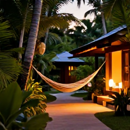Caribbean Holidays, Jamaica Nature Holidays, Relaxed Jamaican eco-lodge surrounded by tropical gardens, with a hammock, walking path and warm evening light
