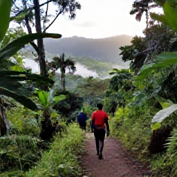 Caribbean Holidays, Jamaica Nature Holidays, Visitors hiking along a green forest trail in the Blue Mountains of Jamaica, with distant valleys and soft morning mist