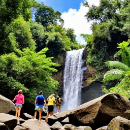Caribbean Holidays, Jamaica Nature Holidays, Waterfall in Jamaica surrounded by tropical forest, with visitors walking carefully over natural rocks beneath a bright summer sky