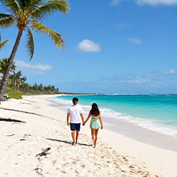 Caribbean Holidays, Jamaica November, A relaxed couple walking hand in hand along a sunlit Jamaican beach in November, turquoise sea and palm trees