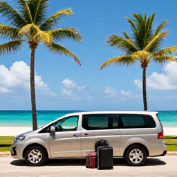 Caribbean Holidays, Jamaica November, A stylish Caribbean airport transfer and island-hopping travel scene with luggage, palm trees and bright blue sea