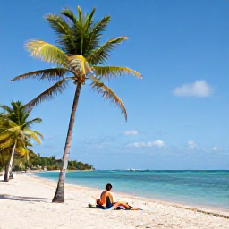 Caribbean Holidays, Jamaica November, A sunny Jamaican beach with palm trees, calm turquoise water and a relaxed traveller enjoying the shoreline