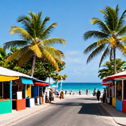Caribbean Holidays, Jamaica November Breaks, A relaxed Montego Bay street and beach scene in Jamaica with colourful market stalls, palm trees and blue sea