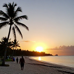 Caribbean Holidays, Jamaica November Breaks, Golden sunset over a Jamaican beach near Ocho Rios, with calm sea, palm trees and visitors enjoying an evening stroll