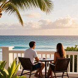 Caribbean Holidays, Jamaica November, Couple enjoying a peaceful Jamaican resort balcony with sea views, tropical plants and warm morning light