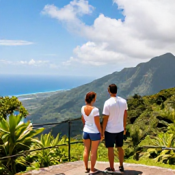 Caribbean Holidays, Jamaica November, Couple exploring the lush Blue Mountains in Jamaica, with a scenic viewpoint, tropical greenery and distant coastline