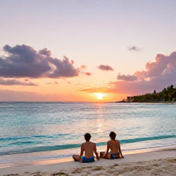 Caribbean Holidays, Jamaica November, Couple relaxing on Seven Mile Beach in Negril, Jamaica, with calm turquoise water, soft sand and a vivid sunset