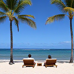 Caribbean Holidays, Jamaica November Holidays, Couple relaxing on a quiet Jamaican beach near Negril with loungers, palm trees and calm blue sea
