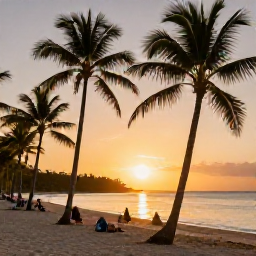 Caribbean Holidays, Jamaica November Holidays, Golden Jamaican beach at sunset with palm trees, calm sea and visitors relaxing after a day of cultural sightseeing