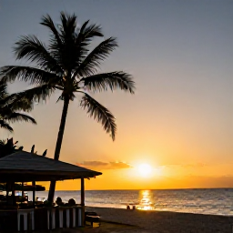 Caribbean Holidays, Jamaica November Holidays, Golden Jamaican sunset over the sea with silhouettes of palm trees and a relaxed beach bar