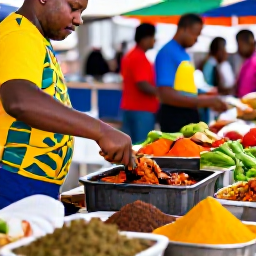 Caribbean Holidays, Jamaica November Holidays, Jamaican cook preparing jerk chicken and traditional dishes at an outdoor market, with colourful spices and fresh produce