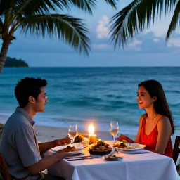 Caribbean Holidays, Jamaica November, Romantic Jamaican dinner for two beside the sea, with candles, tropical dishes and a relaxed evening atmosphere