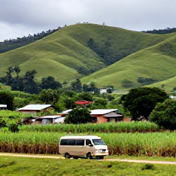 Caribbean Holidays, Jamaica November Tours, Jamaican countryside excursion with a minibus travelling through green hills, sugar cane fields and a small rural village
